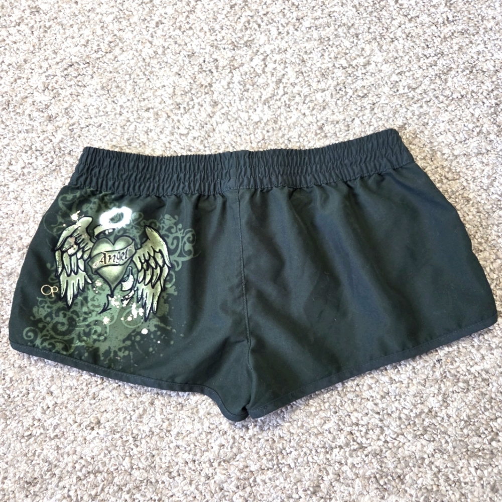 Y2K OP Ocean Pacific Swim Shorts Angel Wings Size M -Dark Green Unlined